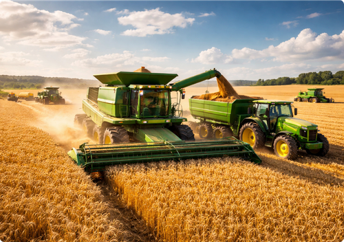 Máquinas agrícolas trabalhando em uma plantação