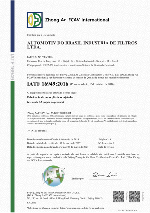 Certificado IATF 16949:2016 da Automotiv do Brasil