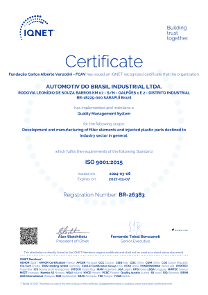 Certificado NBR ISO 9001:2015 da Automotiv do Brasil