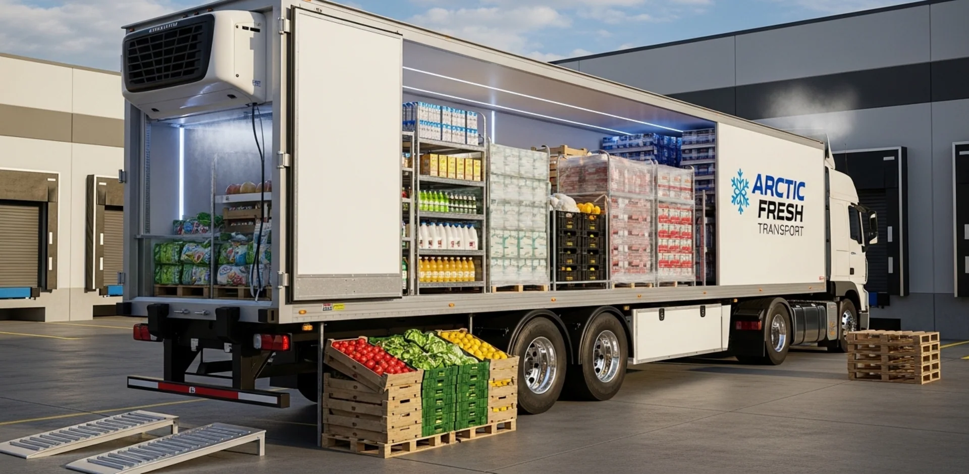 Caminhão frigorífico aberto com carga refrigerada visível