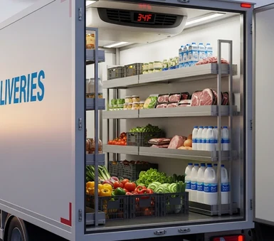 Interior refrigerado de caminhão frigorífico com alimentos e bebidas