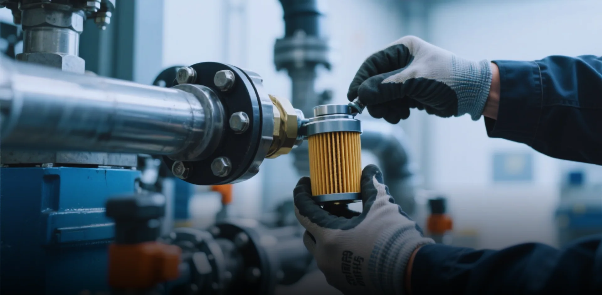 Operador realizando manutenção em filtro de um sistema pneumático industrial
