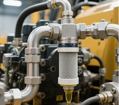 Filtro instalado em um sistema hidráulico industrial