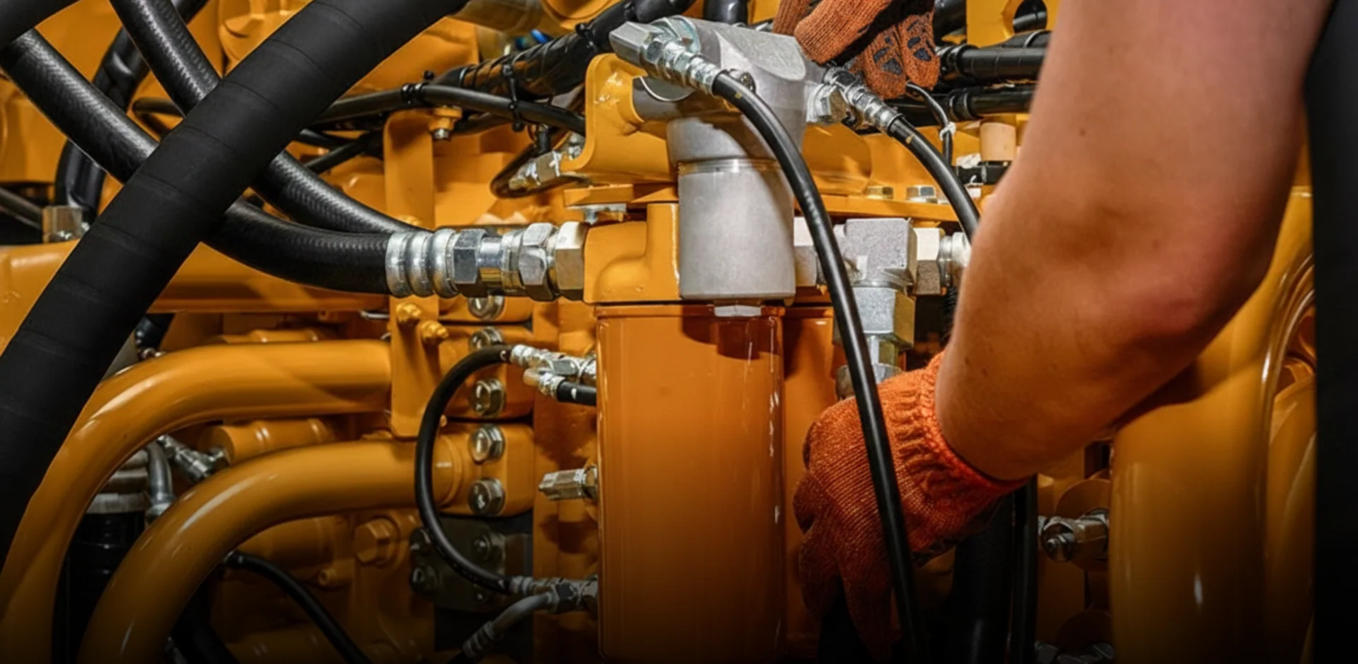 Mangueiras e componentes de um sistema hidráulico industrial